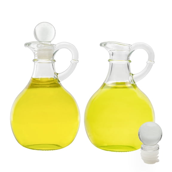 Cornucopia Brands Glass Oil and Vinegar Cruets (Set of 2); 8oz Round Oil Dispensers / Salad Dressing Bottles with Stoppers