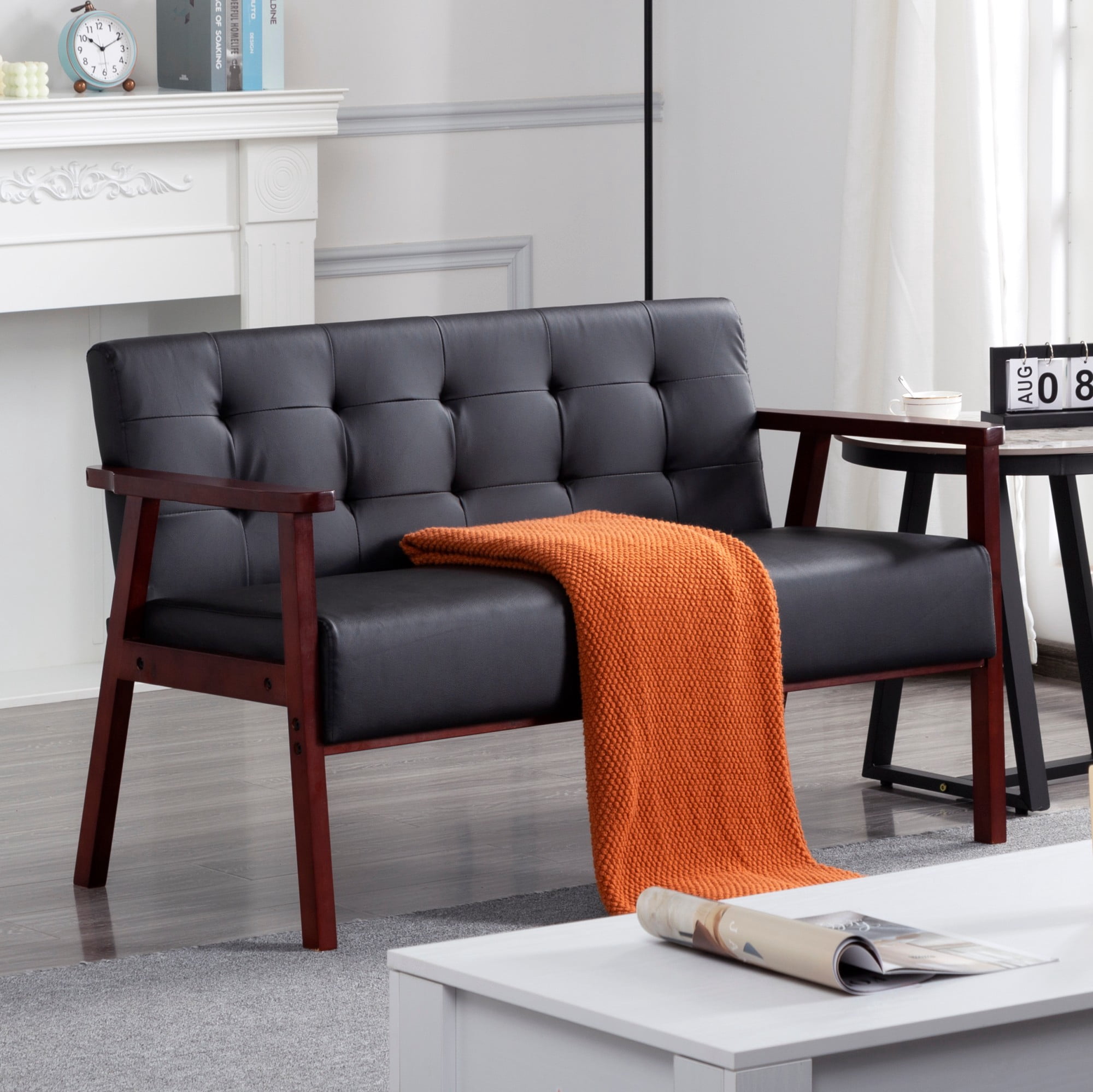 Gewnee Cedar Wood Loveseat, Black PU Upholstery, Tufted Back, 300LBS per Seat, Non-Slip Pads, for Living Room, Home Office, Den