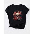 thumbnail image 2 of Floral & Skull Print Casual T-Shirt, Short Sleeves Round Neck Stretchy Sports Tee, Halloween Women's Tops, 2 of 7