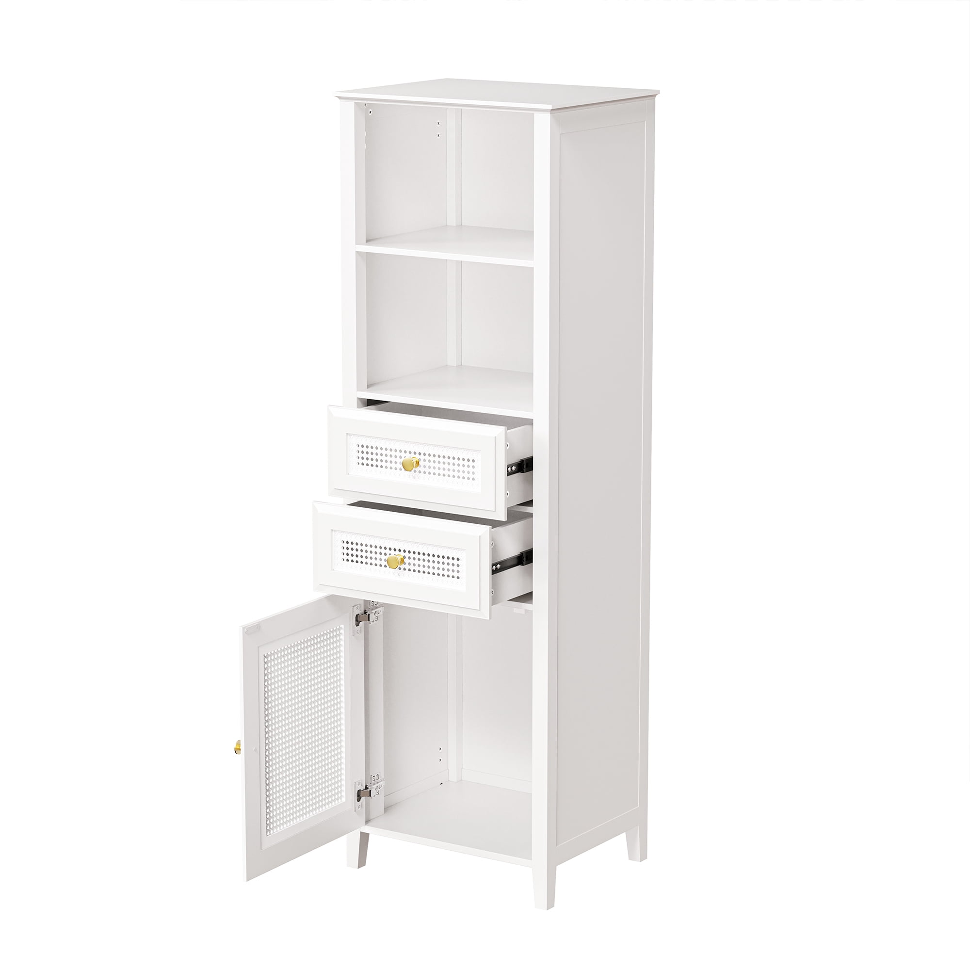 EUROCO 63" Storage Cabinet with Rattan Door,Boho Style Slim Tall Cabinet,Mid Century Modern Tower Cabinet,Country Style Freestanding Organizer with Metal Handles,White