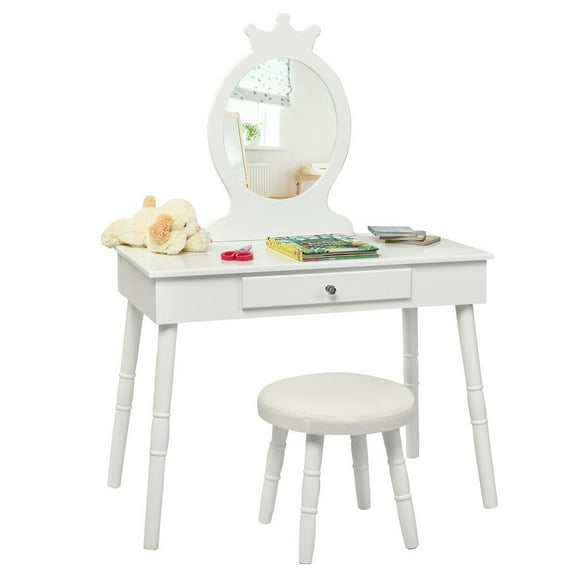 Gymax Kids Vanity Makeup Table & Chair Set Make Up Stool Play Set for Children White