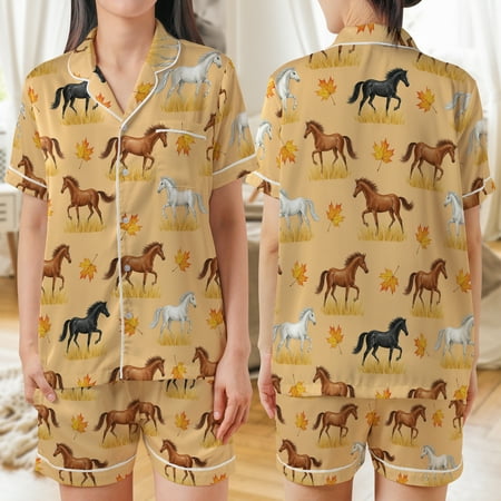 Lotusprinthandmade Fall Horse Graphic All-over Print Satin Short-Sleeve Pajamas Set (4XL) horse lover pajamas autumn loungewear