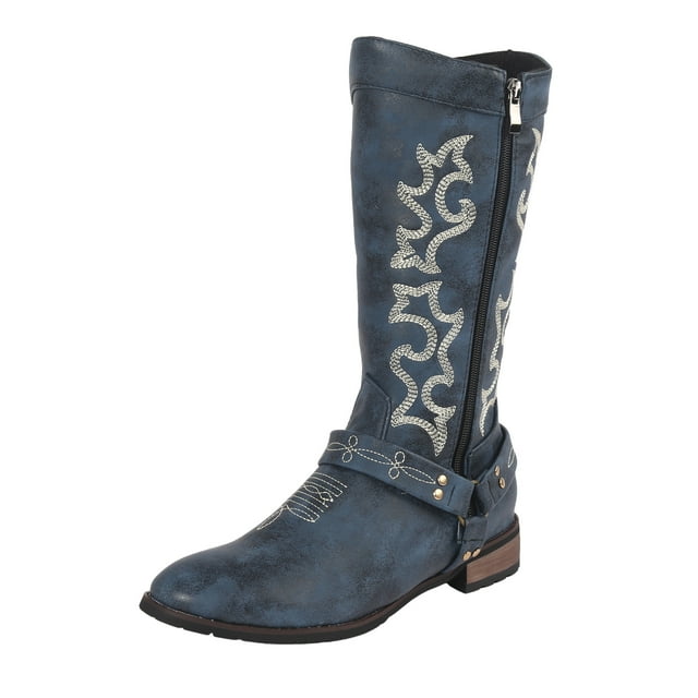 Leozcaa Women's Cowboy Boots Knee High Side Zipper Western Embroidered Pull On Tall Boot Fall Winter