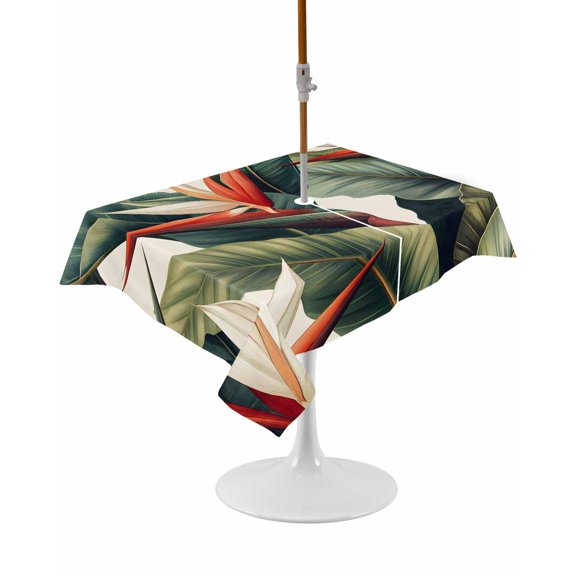Outdoor Table Cloth with Umbrella Hole and Zipper, Tropical Plants Waterproof Rectangle Tablecloth 54"x80", Watercolor Summer Botanical Leaves Washable Table Cover for Outside Party Patio Picnic