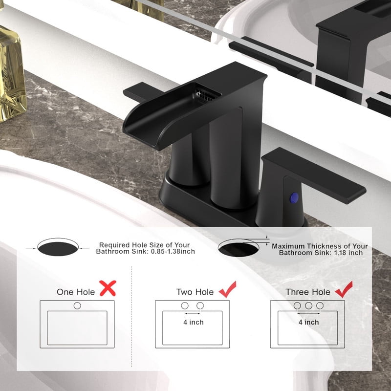 AUKTOPT Bathroom Faucet with Waterfall Spout, Dual Handle Solid Brass 3 Hole Deck Mount Sink Faucet, Easy Installation, Water-Saving, Matte Black