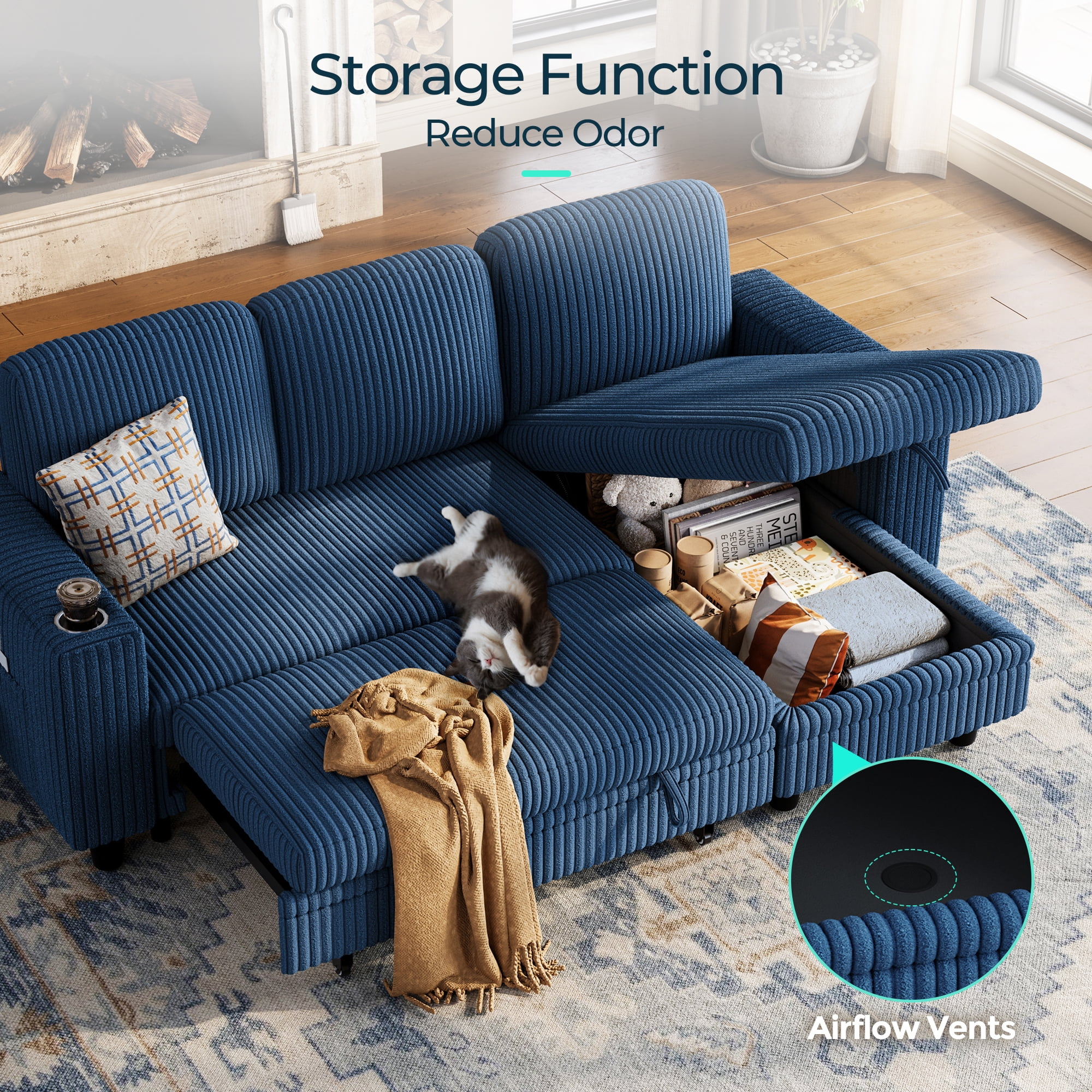 LINSY HOME L Shaped Sectional Couches for Living Room, Sleeper Sofa Bed with Reversible Storage Chaise, Pull Out Couch Bed with USB, Cup Holder, Dark Blue