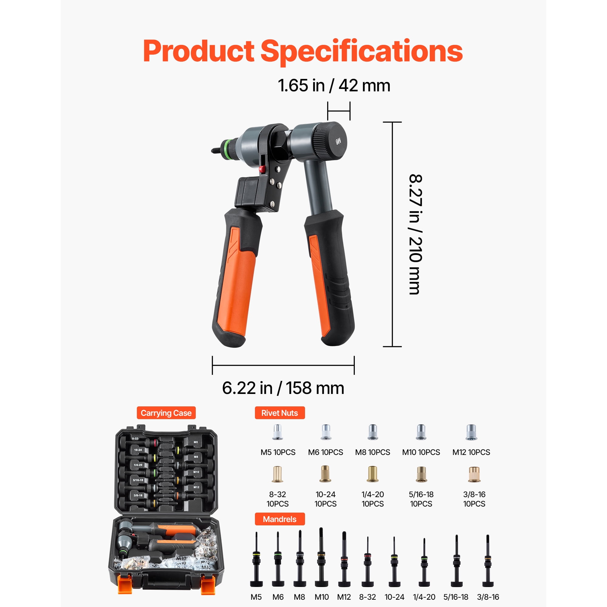 KFFKFF 9-Inch Ratchet Rivet Nut Tool Kit, Includes 10 Mandrels and 100 Rivet Nuts, Compatible with Metric and SAE Sizes: M5, M6, M8, M10, M12, 8-32, 10-24, 1/4-20, 5/16-18, 3/8-16 UNC