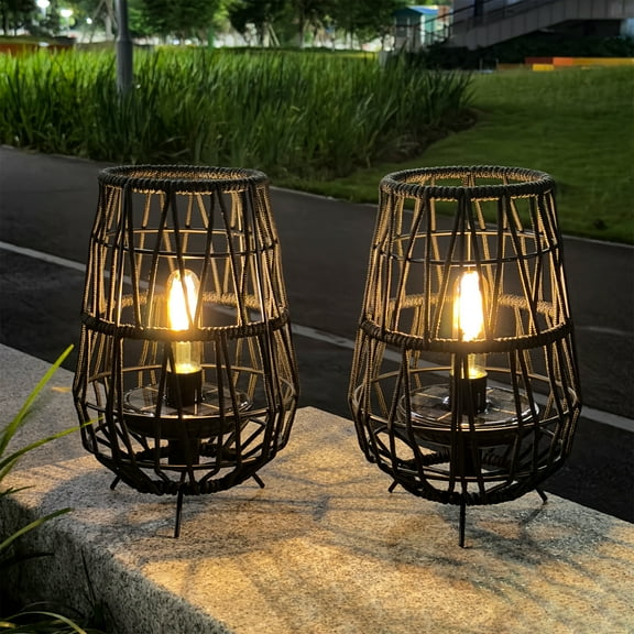 Set of 2 Solar Lantern Outdoor Table Lamp Outside Hanging Solar Lights with Olifen Rope