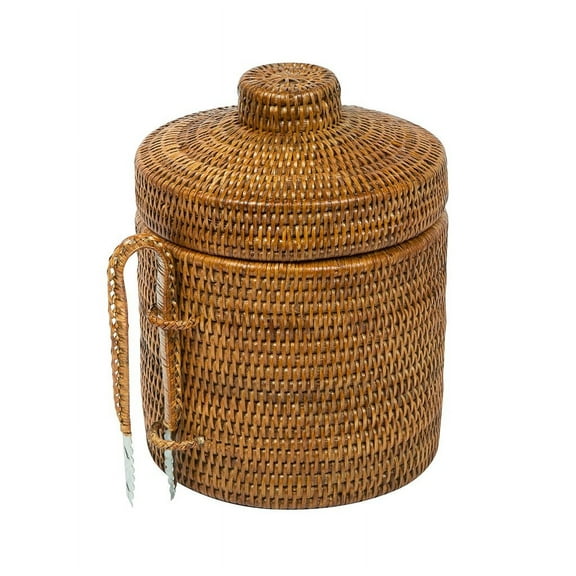Kouboo La Jolla Rattan Ice Bucket With Ice Tongs,  Perfect For Cocktails And Chilled Beverages For Indoor And Outdoor Entertaining, Handwoven Design Ice Bucket, Honey Brown