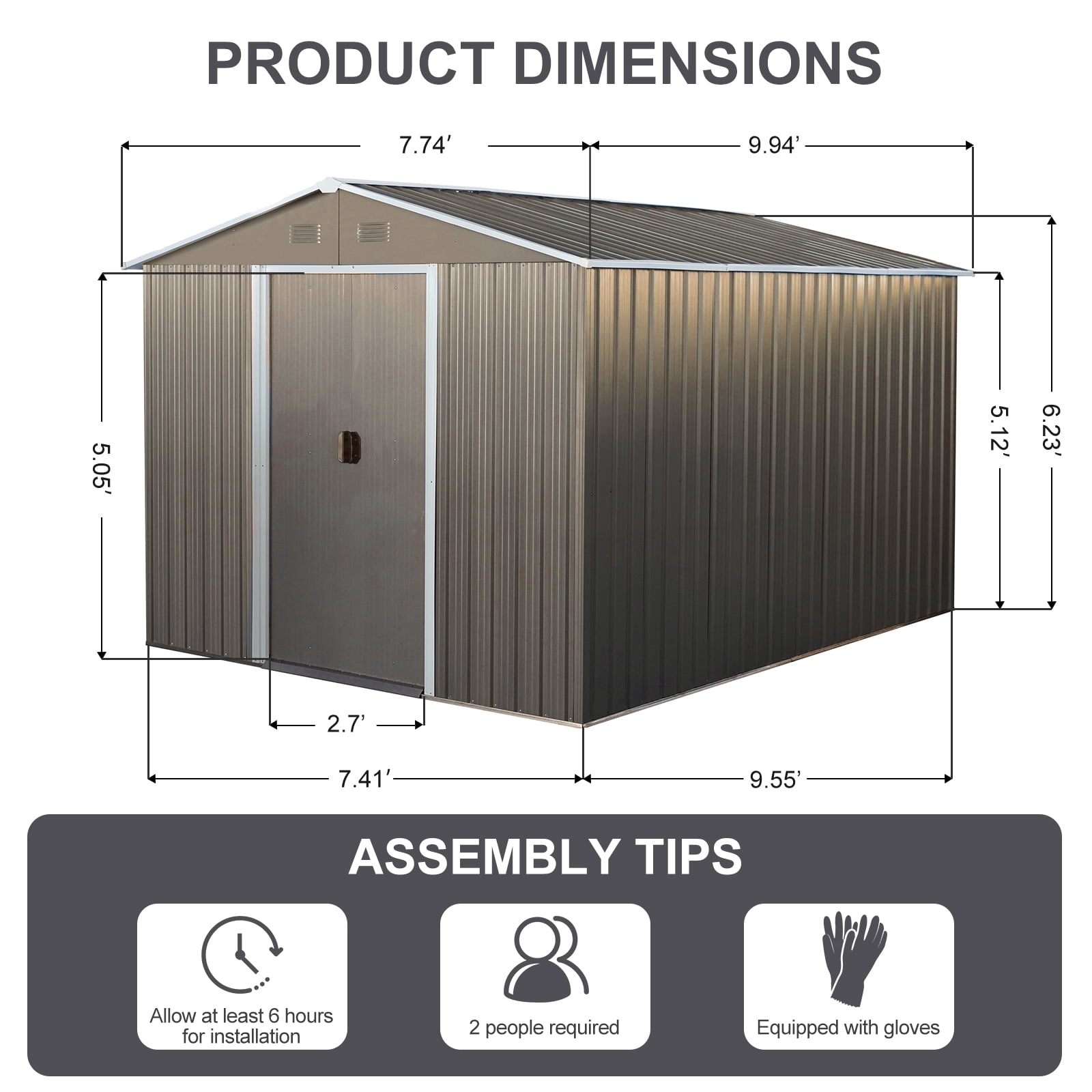 8x10 FT Storage Shed Outdoor Metal Tool Shed Waterproof with Lockable Door Foundation for Backyard Garden Patio Lawn, Gray