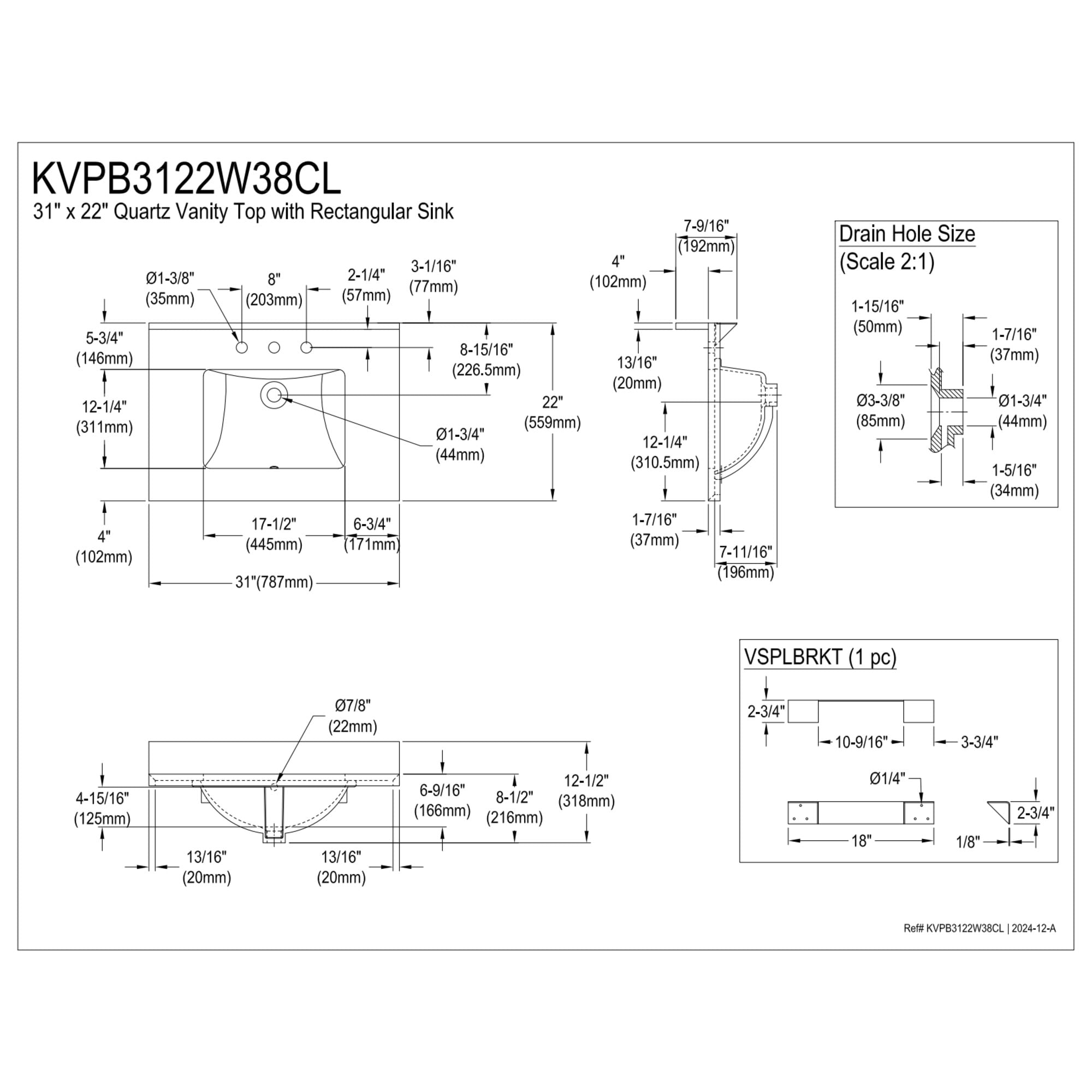 Kingston Brass KVPB3122W38CL Mayorca 31-Inch Quartz Vanity Top (8" Faucet Drillings) in Quartz White