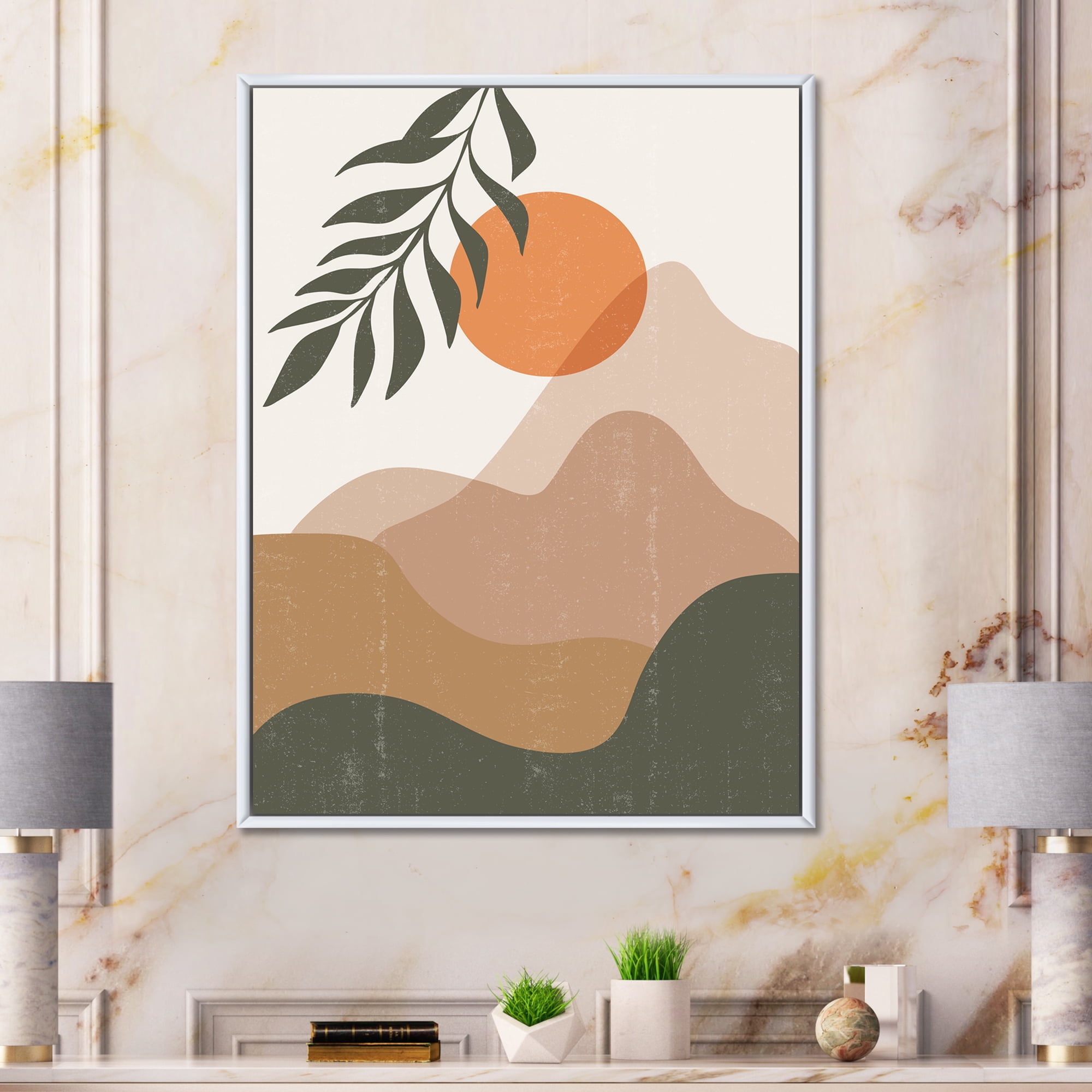 Designart 'Abstract Earth Toned Mountains With Red Moon I' Modern Framed Canvas Wall Art Print