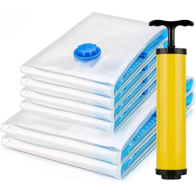Vacuum Storage Bags, Compression Seal & Airtight Suction, Reusable Vacuum Bags Save Over 70% On Clothes Storage Space For Home Travel (6 Packs Including Pump)