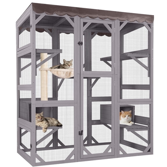 Aivituvin 70" Walk-in Catio Outdoor Cat Enclosure, Large Cat Cage with 7 Platforms, 2 Rest Houses & Waterproof Roof for Multiple Cats