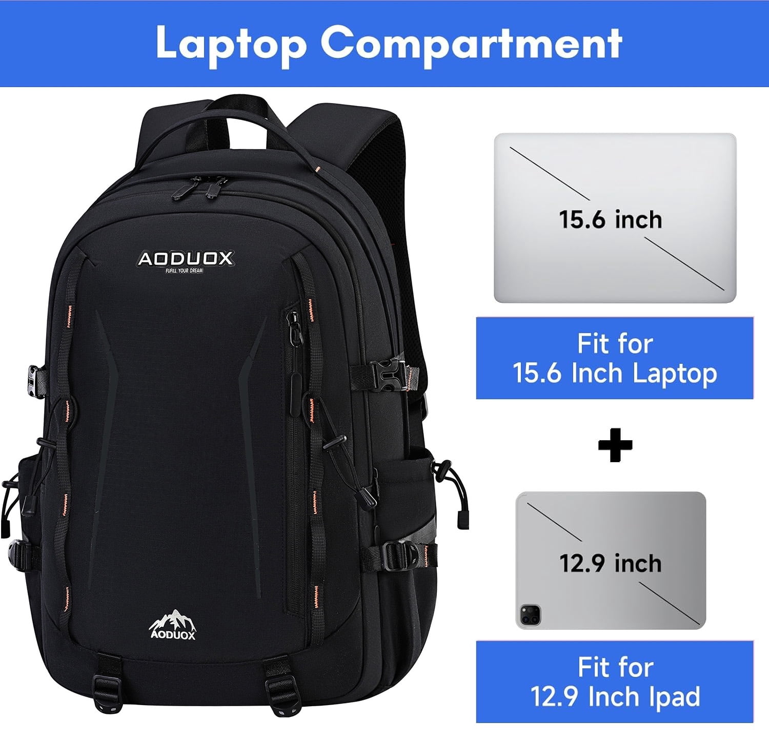 Burufy Backpack for Men & Women, 50L Lightweight Waterproof Laptop Backpack College School Backpack, Black