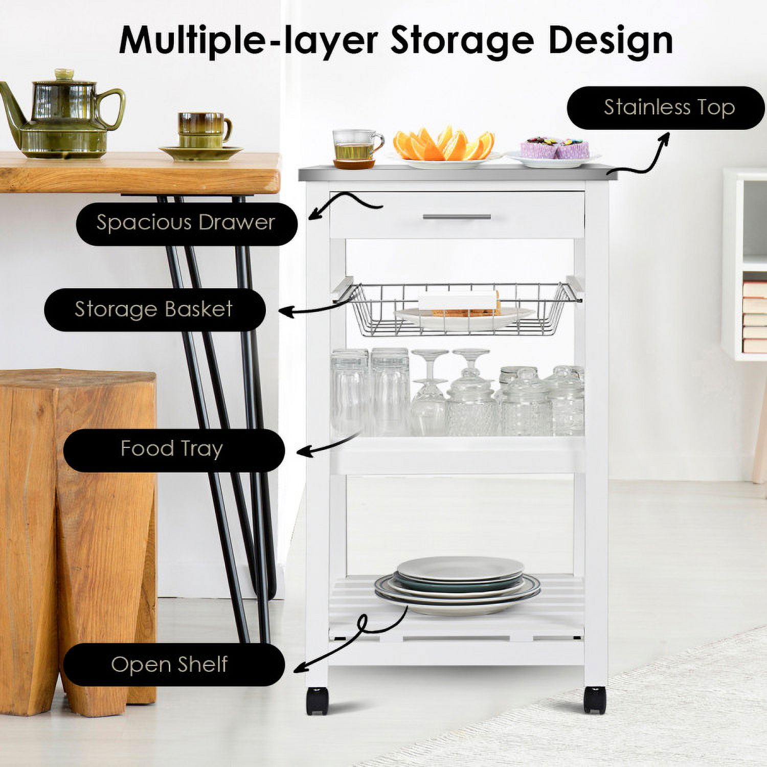 Finihen Rolling Cart, Kitchen Island Cart, Kitchen Island Cart with Stainless Steel Tabletop and Basket, for Kitchen, Dining Room, White Finihen Rolling Cart, Kitchen Island Cart, Kitchen Island Cart with Stainless Steel Tabletop and Basket, for Kitchen, Dining Room, White