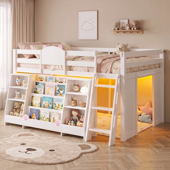Wood Twin Loft Bed Frame with Stairs & LED Lights & 4-Tier Bookshelf, Low Loft Beds with Under-Bed Play Space, Toy Storage and Safety Guardrails, White