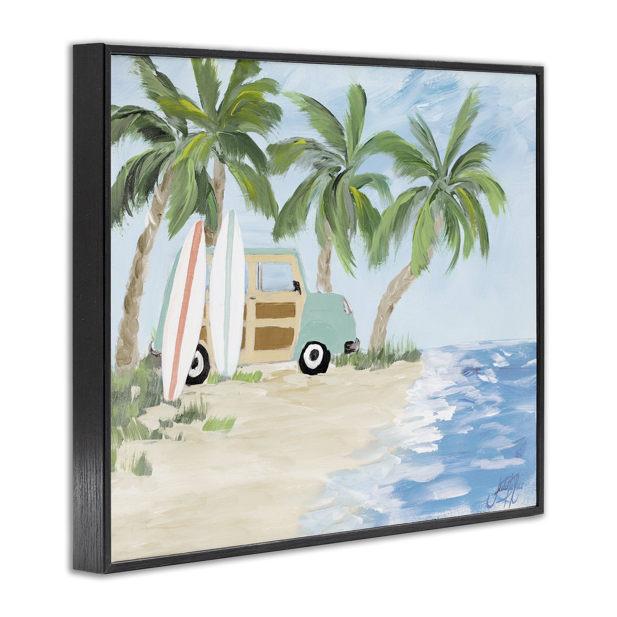 Stupell Industries Tropical Vacation Surfboards Landscape Painting Black Framed Art Print Wall Art, 30 x 24