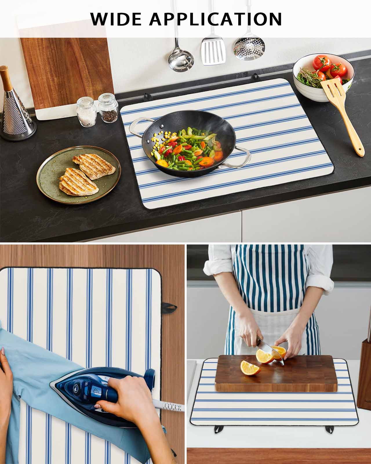 nqOlkjepod Large Induction Cooktop Protector Mat 24"x21", Navy Blue Striped Stove Top Covers for Electric Stove, Rustic Blue Stripe Modern Art Beige Stove Burner Cover Mats, Glass Top Stove Cover