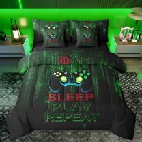 Manfei Sleep Play Repeat Twin Bedding Sets 7-Piece for Teens, Black Green Gamepad Bedding Comforter Set, Neon Abstract Reversible Sheet Sets, Lightweight Room Decor
