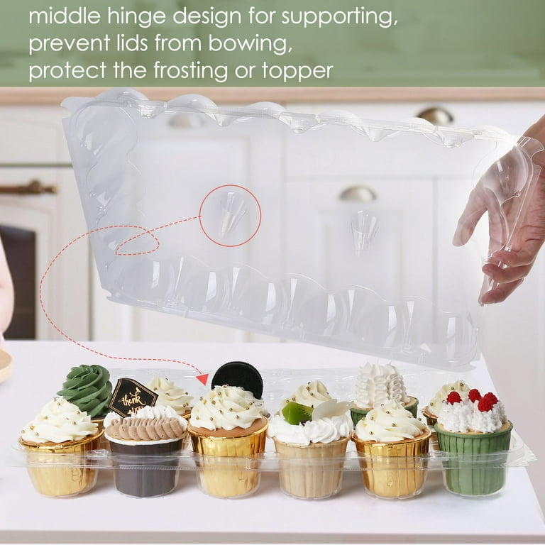 5 – 24 Compartment Clear High Dome Cupcake Containers Boxes with baking cup  liners – Great for high topping – 5 boxes 24 slot each – Plus White standard  size baking cups – Decony