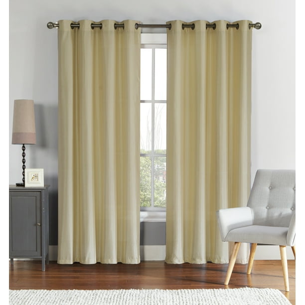 Single (1) Beige Window Curtain Panel Faux Silk, Silver Grommets, 55