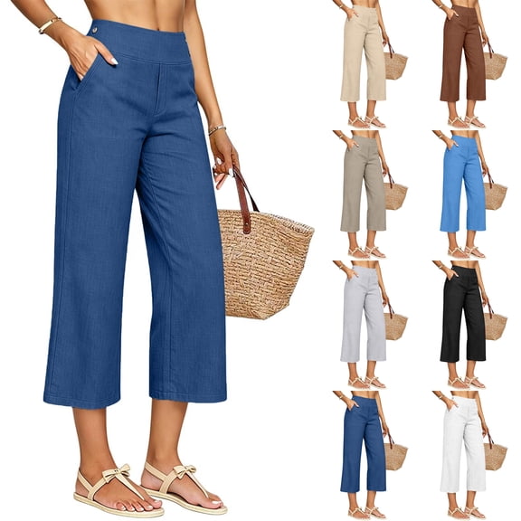 Linen Capri Pants for Women Elastic Waist Summer Beach Capris Cropped Pants Casual Straight Leg Pant Capri Trousers, M