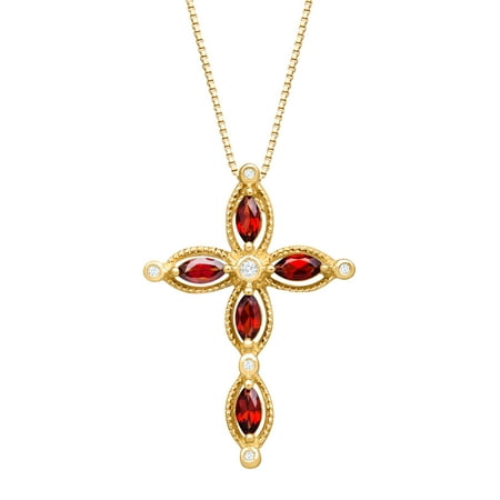 5/8 ct Garnet Cross Pendant Necklace with Diamonds in 14kt Yellow Gold