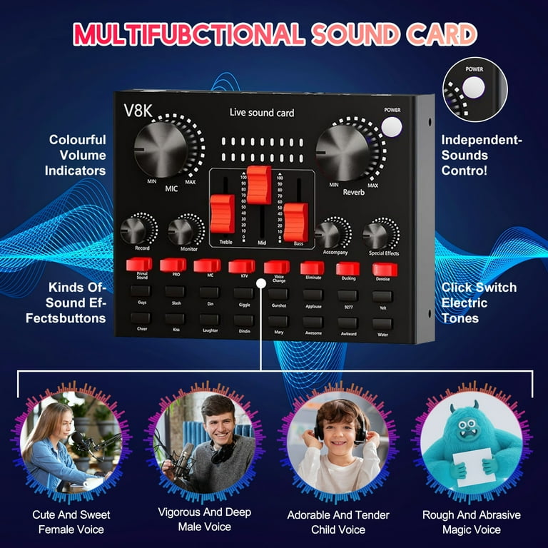 Podcast Equipment Bundle for 2, V8K Live Sound Card with BM800