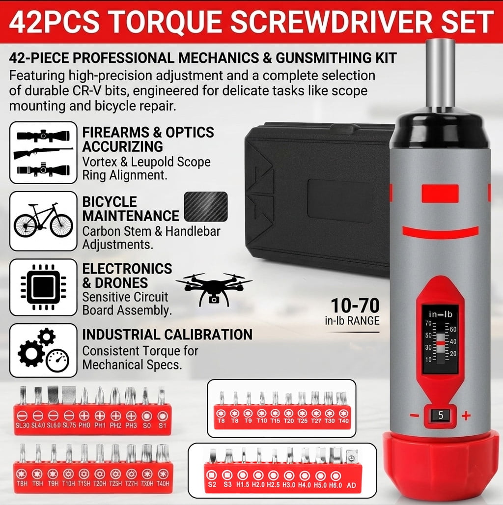 42Pcs Torque Screwdriver Set 10-70 Inch Pounds, 40 Bits - Hex,Torx, Flat,Phillip,Square andTorx Security Bits for Professional Maintenance，Accurizing Scope Mounting and Bicycle Repairing
