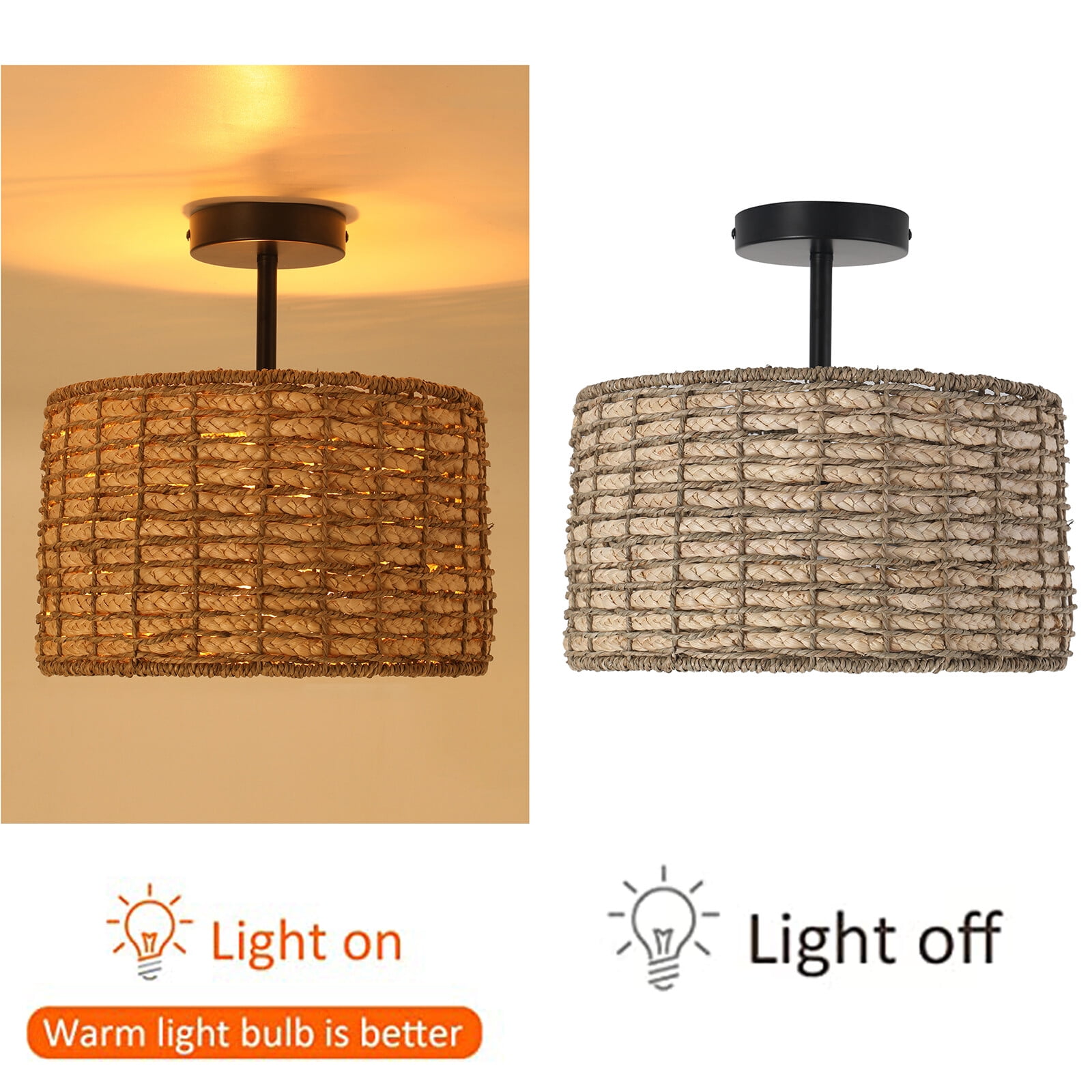 TFCFL 2-Light Vintage Rattan Pendant Light Fixture Hanging Ceiling Lamp Semi Flush Mount Chandelier