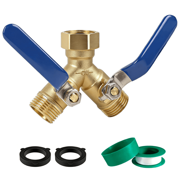 Heavy Duty Brass Garden Hose Splitter, 2 Way Y Valve Splitter with 304 Stainless Steel Long Raised Handle, Full Flow 3/4 Inch GHT Thread Water Tap for Outdoor Garden