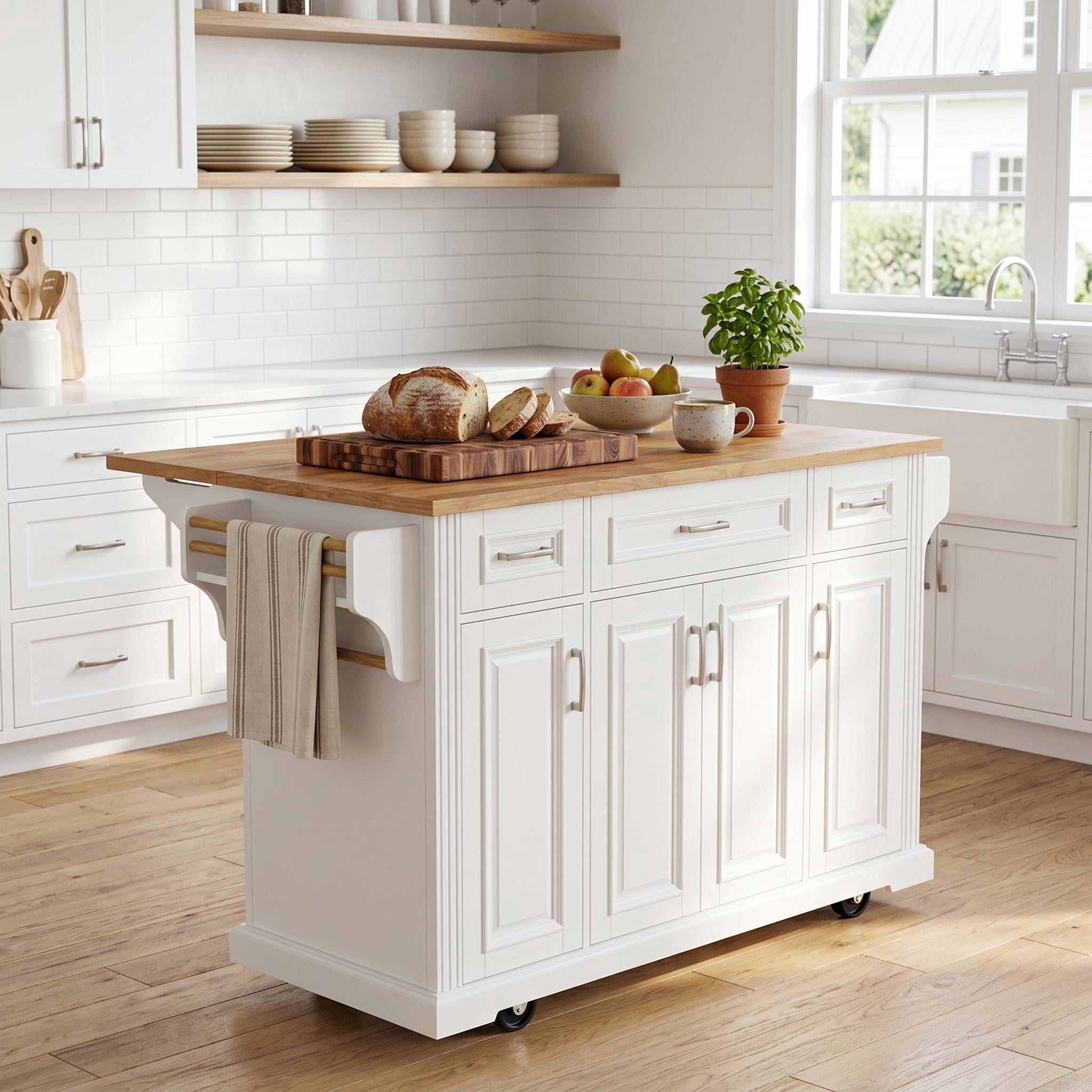Homy Casa Farmhouse Kitchen Island Cart with Storage, 3 Drawers, 4 Doors & Wheels, White/Natural for Kitchen and Dining Room