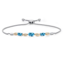 Gem Stone King 925 Silver and 10K Yellow Gold Swiss Blue Topaz and Lab Grown Diamond Bracelet for Women | 2.16 Cttw | Gemstone November Birthstone | Oval 7X5MM | Fully Adjustable 9"