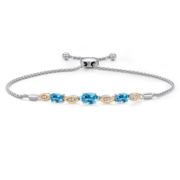 Gem Stone King 925 Silver and 10K Yellow Gold Swiss Blue Topaz and Lab Grown Diamond Bracelet for Women | 2.16 Cttw | Gemstone November Birthstone | Oval 7X5MM | Fully Adjustable 9"