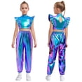 thumbnail image 5 of Haitryli Kids Girls Sparkly Metallic Hip-Hop Jazz Dance Outfit Mesh Patchwork Crop Top and Cargo Pants Set Blue 14, 5 of 6
