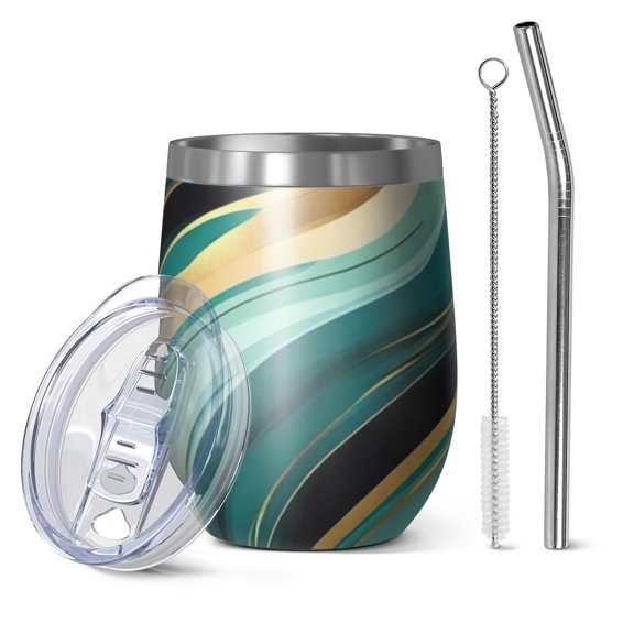 12oz Stemless Wine Tumblers Blue and Gold Marble Glitter Streaks Pattern Vacuum Insulated Stainless Steel Travel Tumbler Cups Mug with Lid and Straw for Champaign,Cocktail,Beer with Cleaning Brush