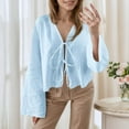 thumbnail image 2 of MIXUE Boho Tops For Women Summer Solid Color V Neck Tie Front Puff Sleeve Lace Up Pullover Shirts For Women Tee Shirts Daily-Wear,Blue,XXL, 2 of 5
