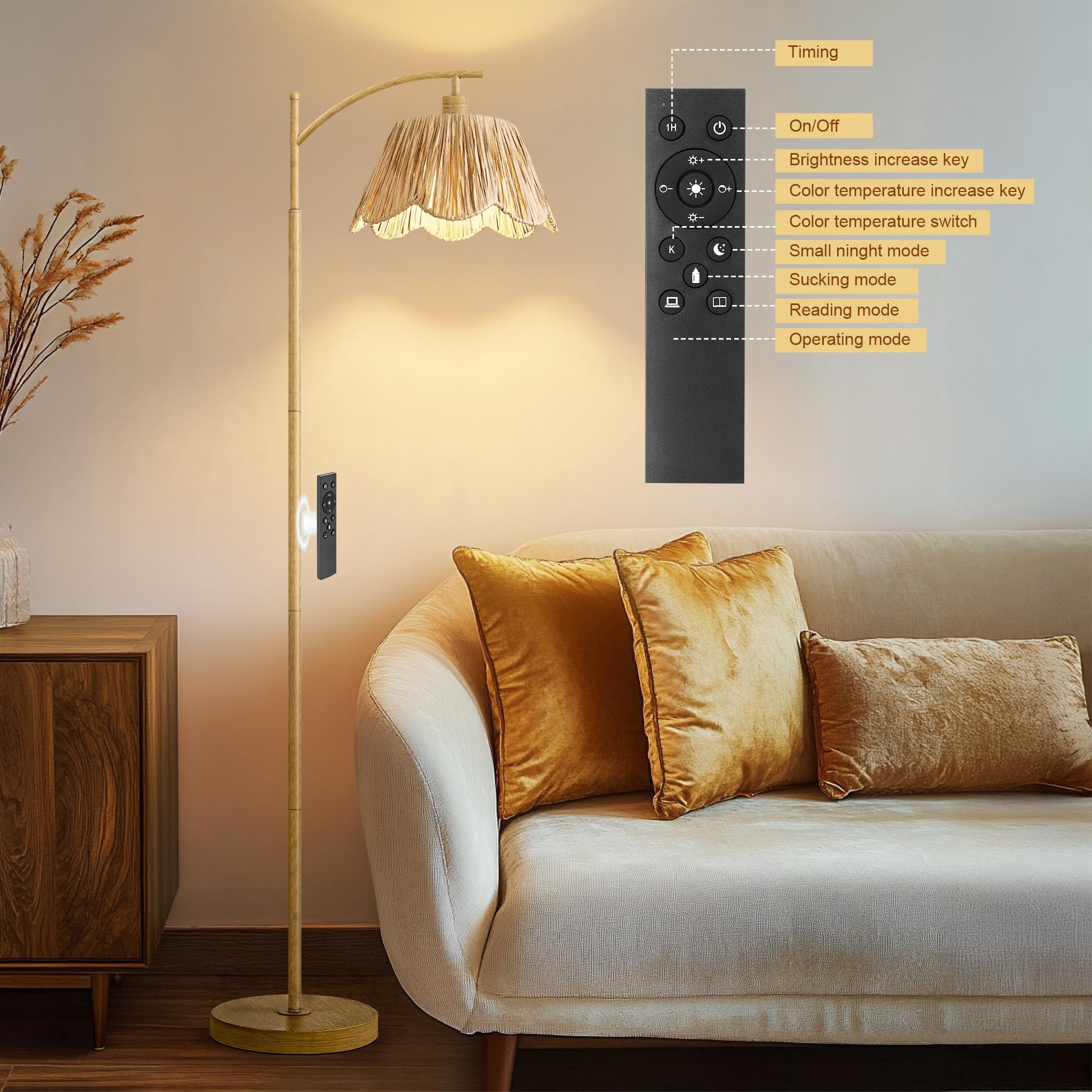 Arc Floor Lamp For Living Room With 3 Color Temperatures  Rattan Boho Remote & Dimmable Bulb Farmhouse Lamps Suitable Bedroom Study(light Woodgrain)