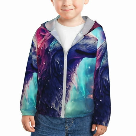 

Ocsxa Starry Multicolored Wolf Print Kids Active Zipper Sun Protection Jacket Boys Girls Hooded Cooling Shirt-2 Years