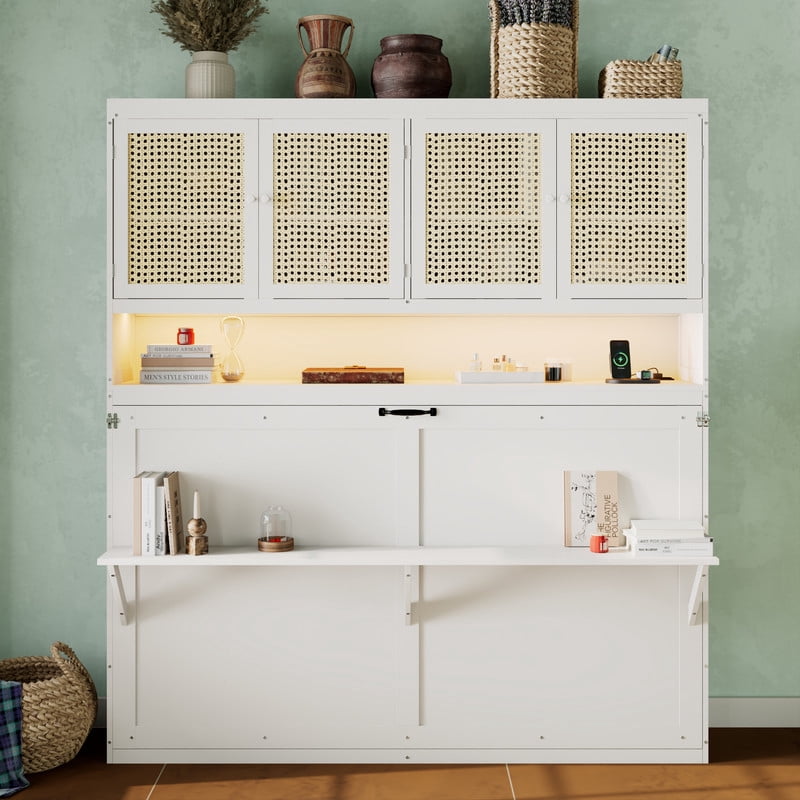 Twin Size Storage Murphy Bed with Cabinets w/ Rattan Door, Foldable Platform Bed Frame with Built-in Light & Charge Station