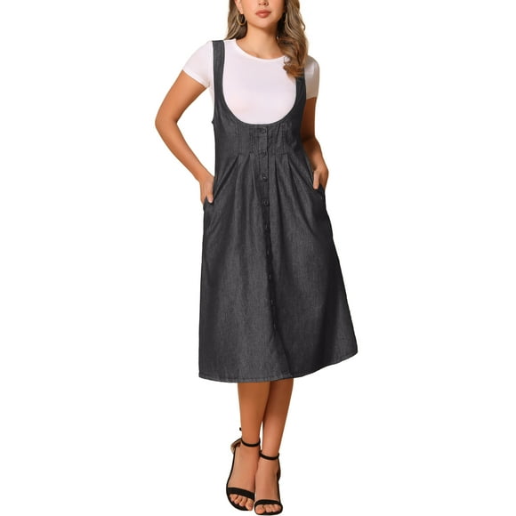 INSPIRE CHIC Suspender Dress for Women's Button Front Classic U Neck Overall Denim Midi Dress with Pockets XS Black