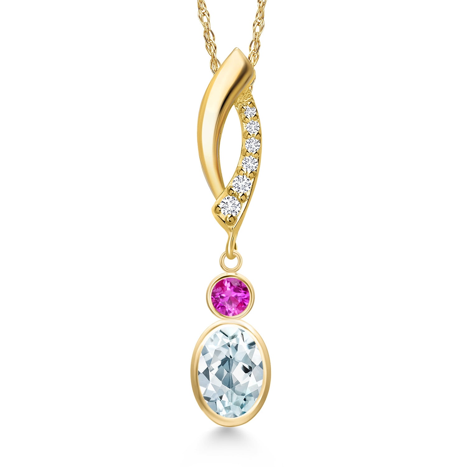 Gem Stone King 14K Yellow Gold Sky Blue Aquamarine and Pink Sapphire and Lab Grown Diamond Pendant Necklace for Women | 0.94 Cttw | Gemstone March Birthstone | Oval 7X5MM | With 18 inch Chain
