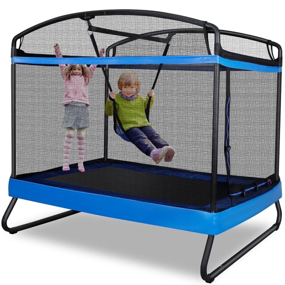 GIKPAL 3-in-1 Kids Trampoline with Swing Set, 6FT Rectangle Toddler Trampoline Indoor/Outdoor for Ages 3-8, Heavy-Duty Jumping Mat for Backyard Play, Blue