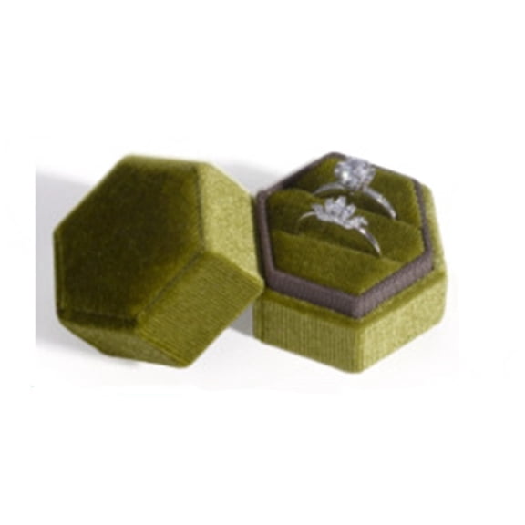Hexagon Velvet Ring Box - Premium Gorgeous Vintage Double Ring Display Holder with Lid for Proposal, Engagement, Wedding, Ceremony( Grass green)