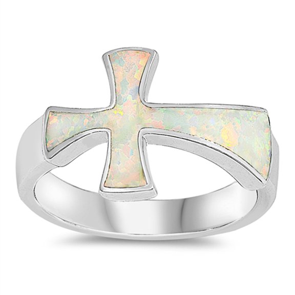 CHOOSE YOUR COLOR White Simulated Opal Sideways Cross Christian Ring 925 Sterling Silver Band CZ Female Size 6