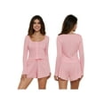 thumbnail image 3 of Rdhnmea Women 2 Piece Ribbed Knit Pajama Set Long Sleeve Button Crop Top and Shorts Lounge Sweatsuits Sleepwear PJs Set, 3 of 9