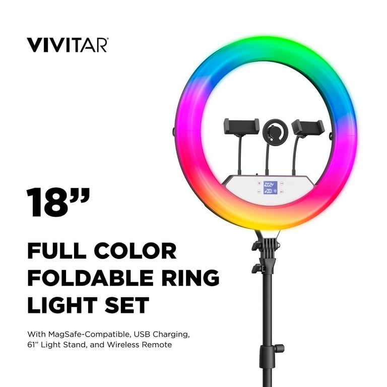 Vivitar Creator Series 18" RGB Foldable Ring Light with Stand, MagSafe-Compatible Phone Mount, Dual USB Charging, Wireless Remote, Adjustable Tripod for Live Vlogging, Makeup, & Live Streaming