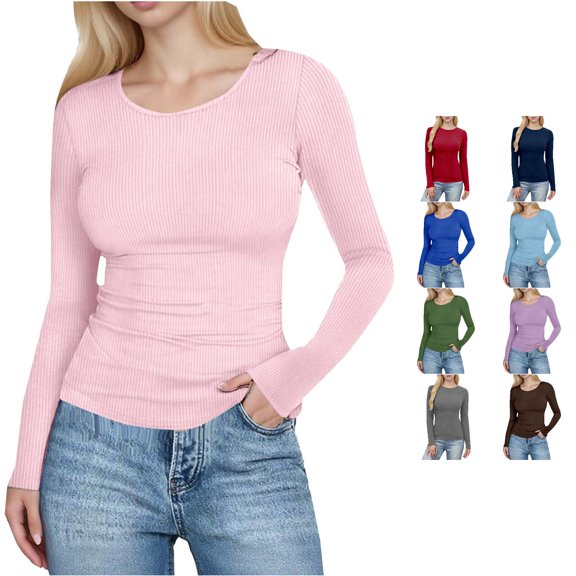 Ribbed Knit Long Sleeve Crewneck T Shirt Soft Stretchy Casual Basic Top for Everyday Comfort and Style under Scrub Women Long Sleeve Shirts Raglan Shirts for Women Tan Raglan Shirt Women Women Casual