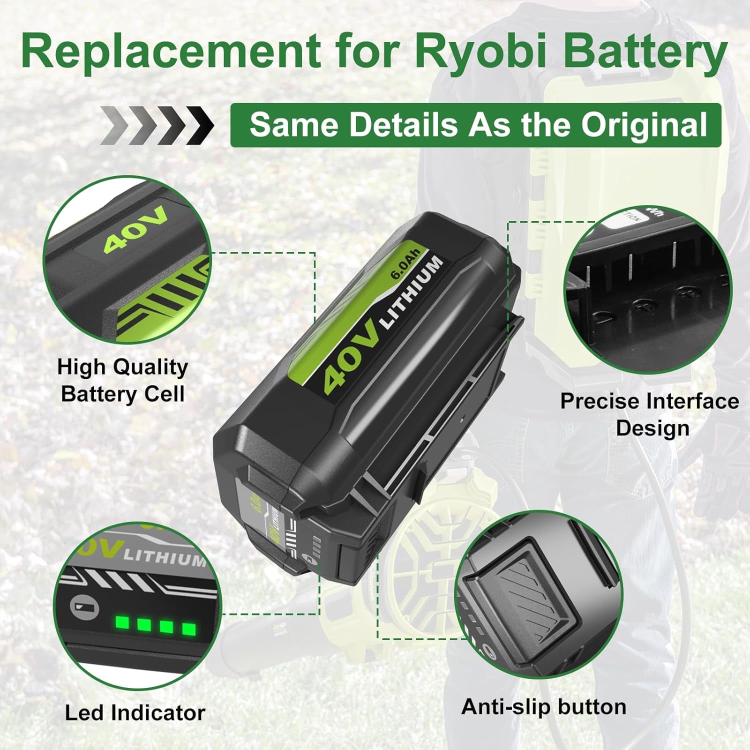 2 Pack 6.0Ah 40 Volt Replacement for Ryobi 40V Battery and Charger Kit Lithium OP4040 OP40401 OP4026 OP40261 OP4050 OP40601 (Green)